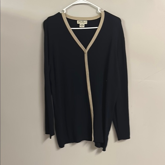 Eddie Bauer Black Cardigan with Tan Trim - Picture 1 of 3